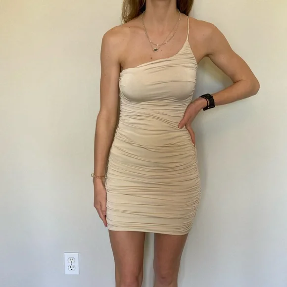 Lucy In The Sky Los Angeles Gina One Shoulder Bodycon Dress in Champagne  Size S